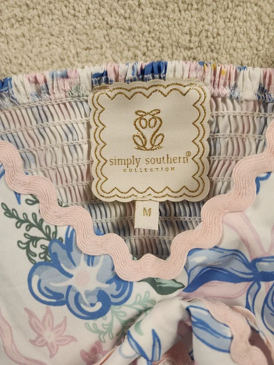 Simply Southern Sz. M Blue Flowy Midi Dress Lined Tiered "Ribbons & Bows" - Picture 2 of 6